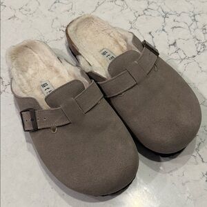 Womens Birkenstock Boston Shearling Size 37 US 6 Narrow Gray/Lt Brown